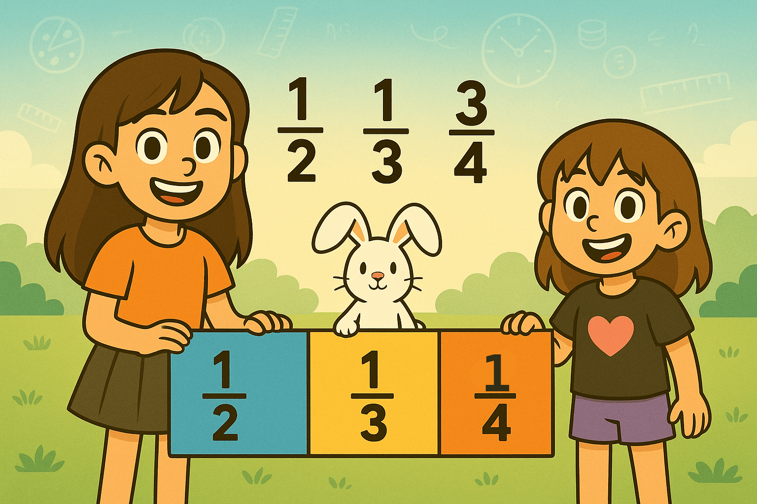 Ariel, Alice, and Fluffernutter holding a giant fraction bar outdoors