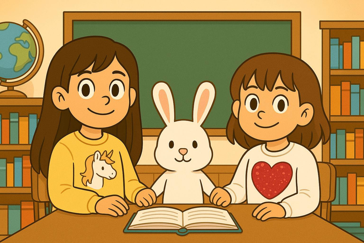 Ariel, Alice, and Fluffernutter ready to learn about summarizing texts in a classroom library.