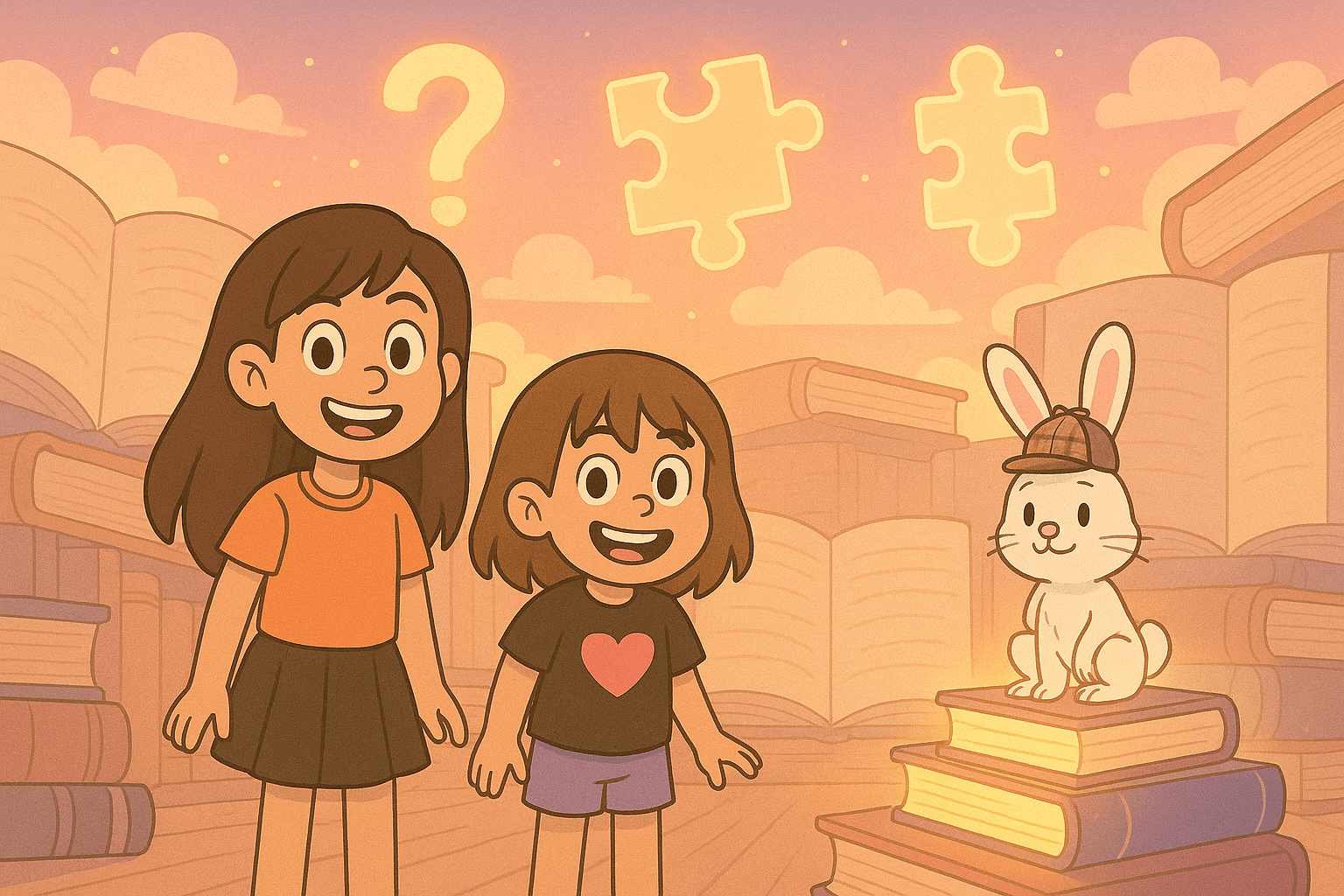 Ariel, Alice, and Mr. Fluffernutter exploring a storybook library with glowing clues.