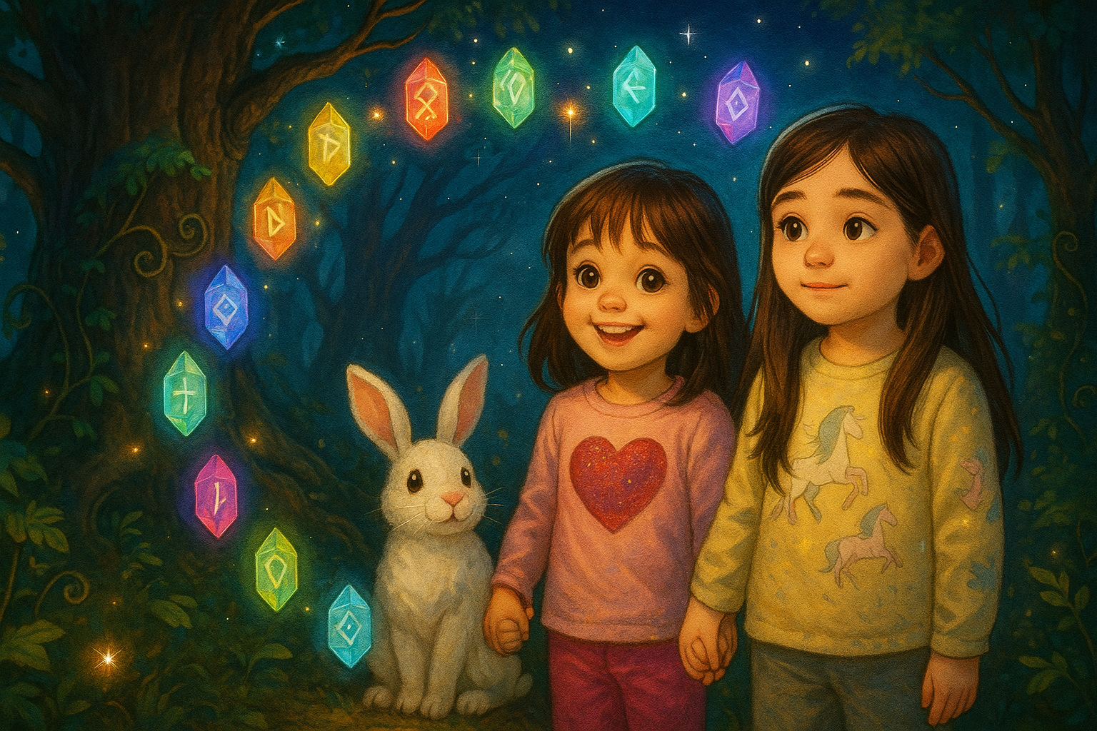Two young sisters and their fluffy bunny stand in an enchanted twilight forest, surrounded by glowing crystal Word Stones floating like constellations, under the watchful branches of an ancient tree.
