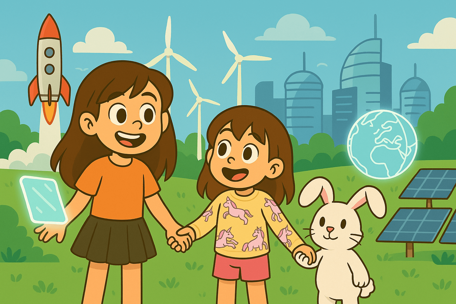 Ariel, Alice, and Fluffernutter exploring technology in a futuristic city