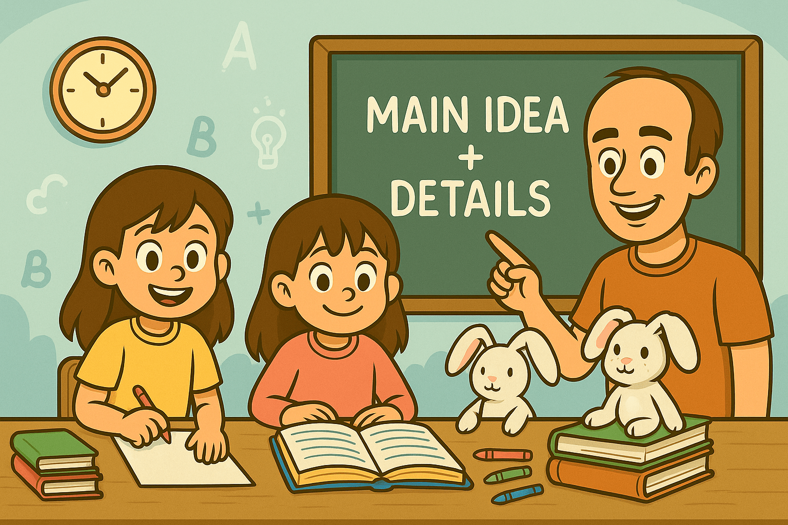 Ariel, Alice, and Fluffernutter learning about main ideas with Daddy Ryan in a cartoon classroom