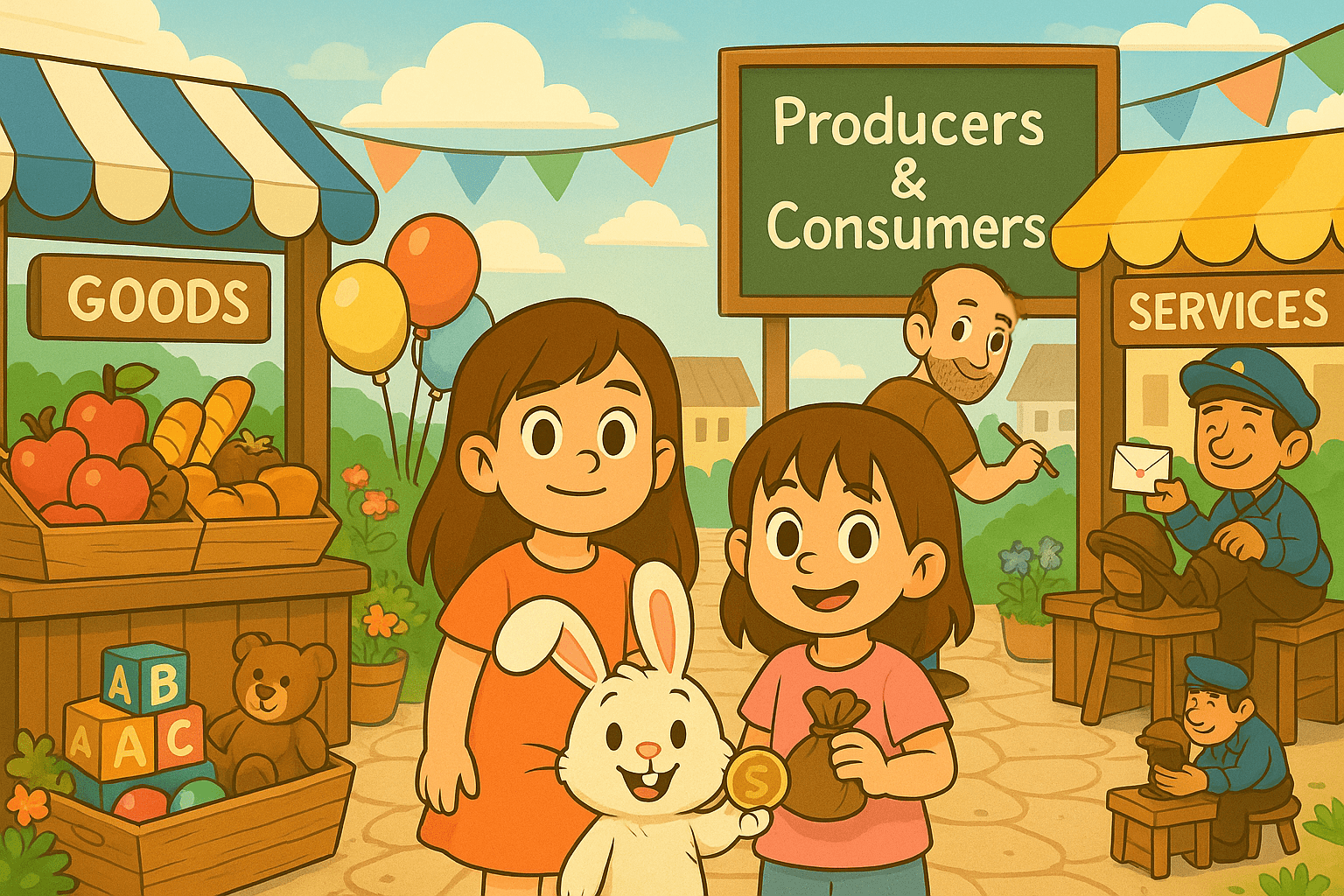 Ariel, Alice, and Mr. Fluffernutter in a lively family marketplace about goods and services