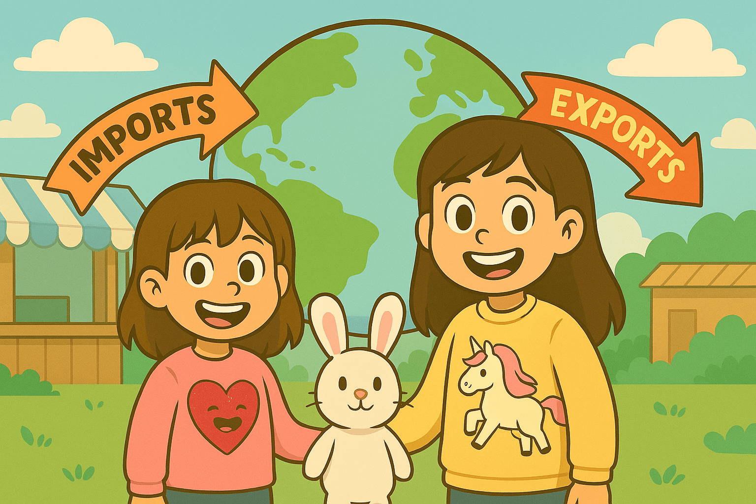 Ariel, Alice, and Mr. Fluffernutter exploring global trade in a colorful cartoon market scene