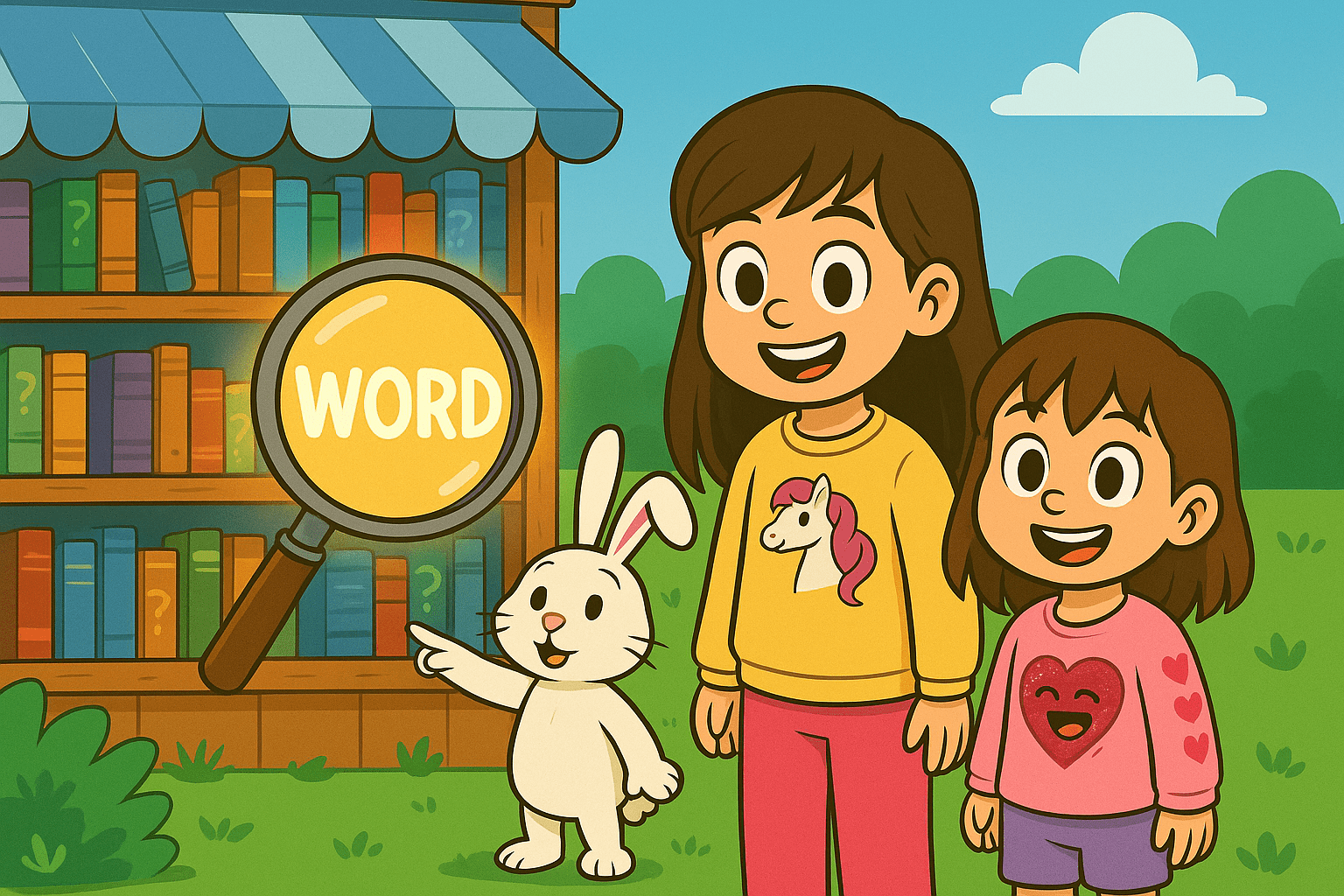 Ariel, Alice, and Fluffernutter exploring context clues with a magnifying glass