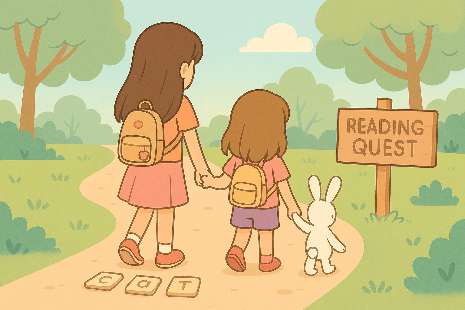 reading quest park path with two sisters from behind holding hands and a white bunny, letter tiles c a t on the trail, wooden sign reading Reading Quest