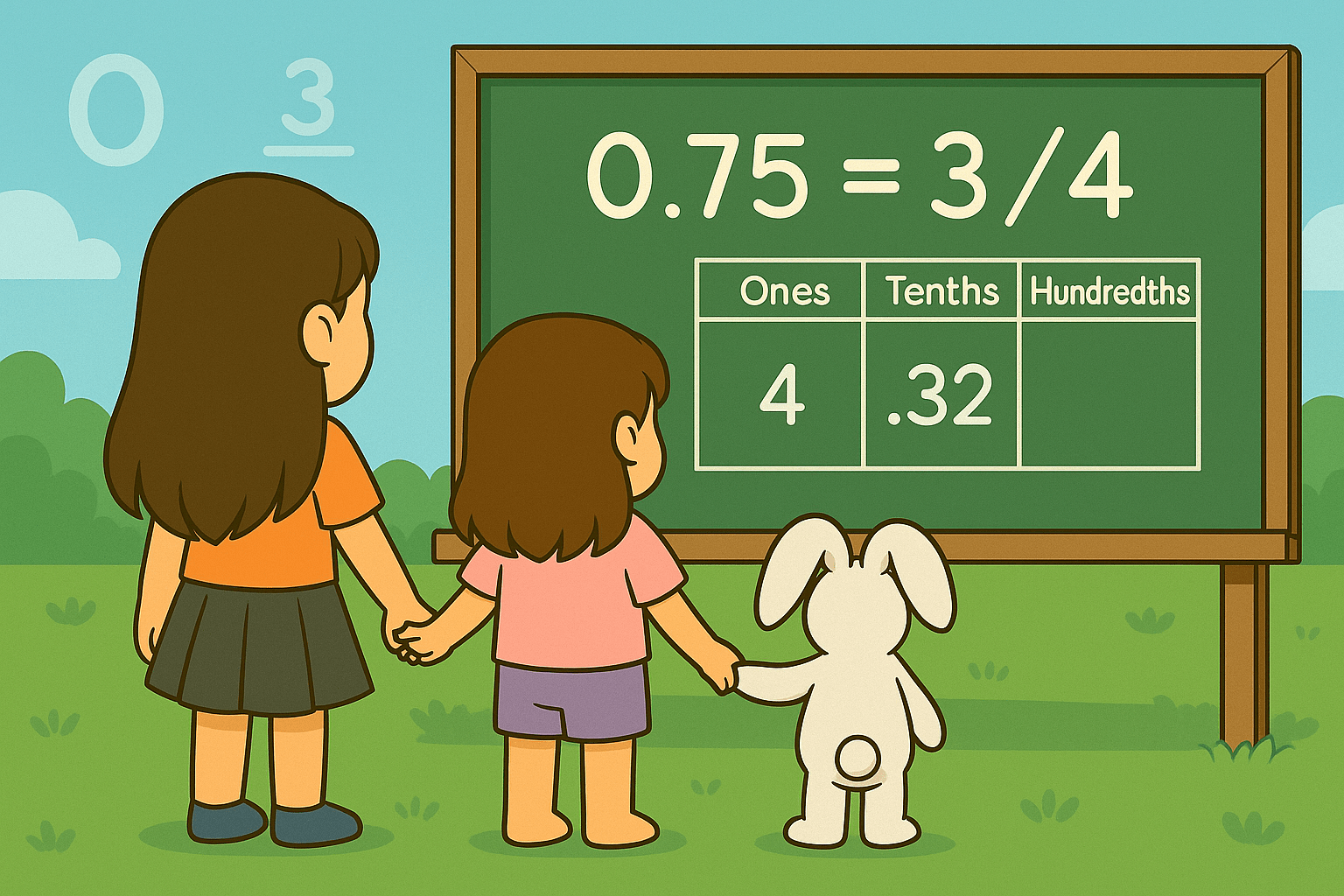 Ariel and Alice with Mr. Fluffernutter study a place-value chart showing how decimals relate to fractions