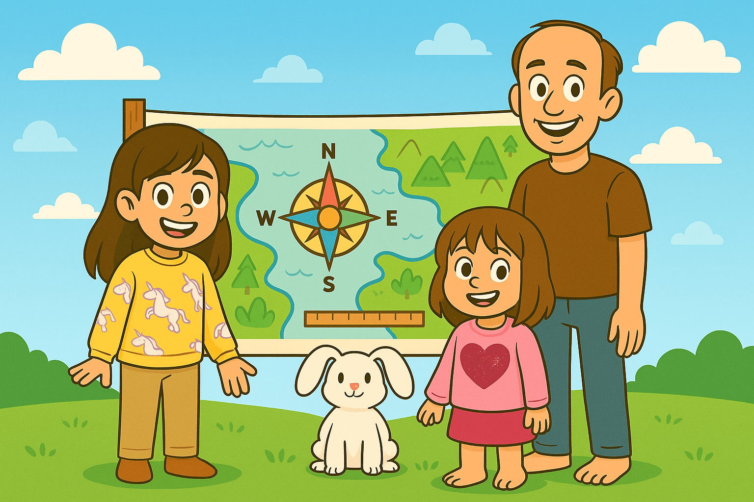 Ariel, Alice, and Mr. Fluffernutter exploring a colorful cartoon map banner