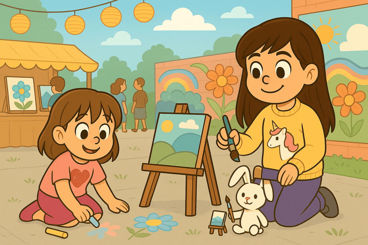 Ariel, Alice, and Fluffernutter painting together at an outdoor art festival
