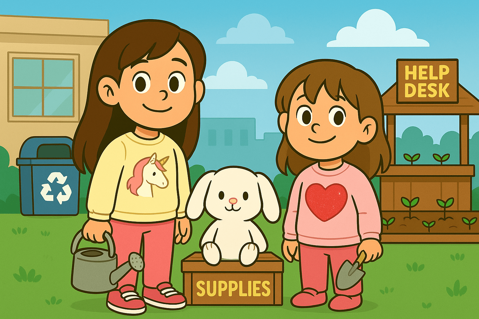 Ariel, Alice, and Mr. Fluffernutter in a cartoon town square with teamwork and community symbols