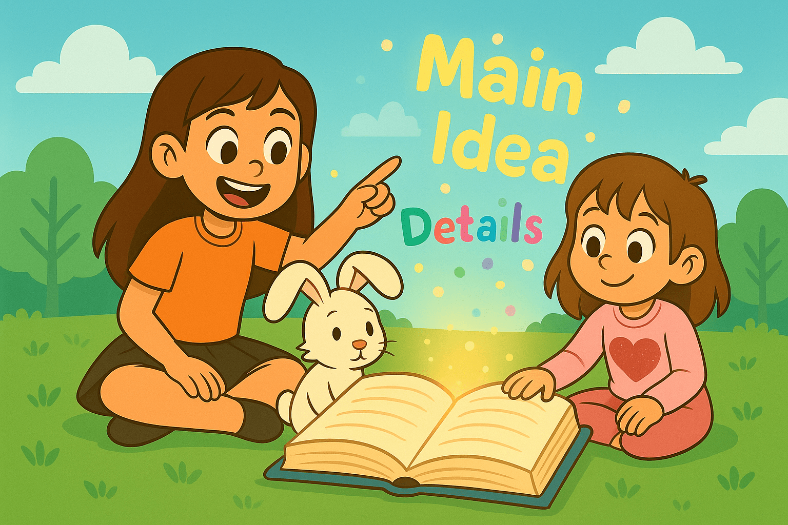 Ariel, Alice, and Mr. Fluffernutter reading a glowing book about main ideas and supporting details