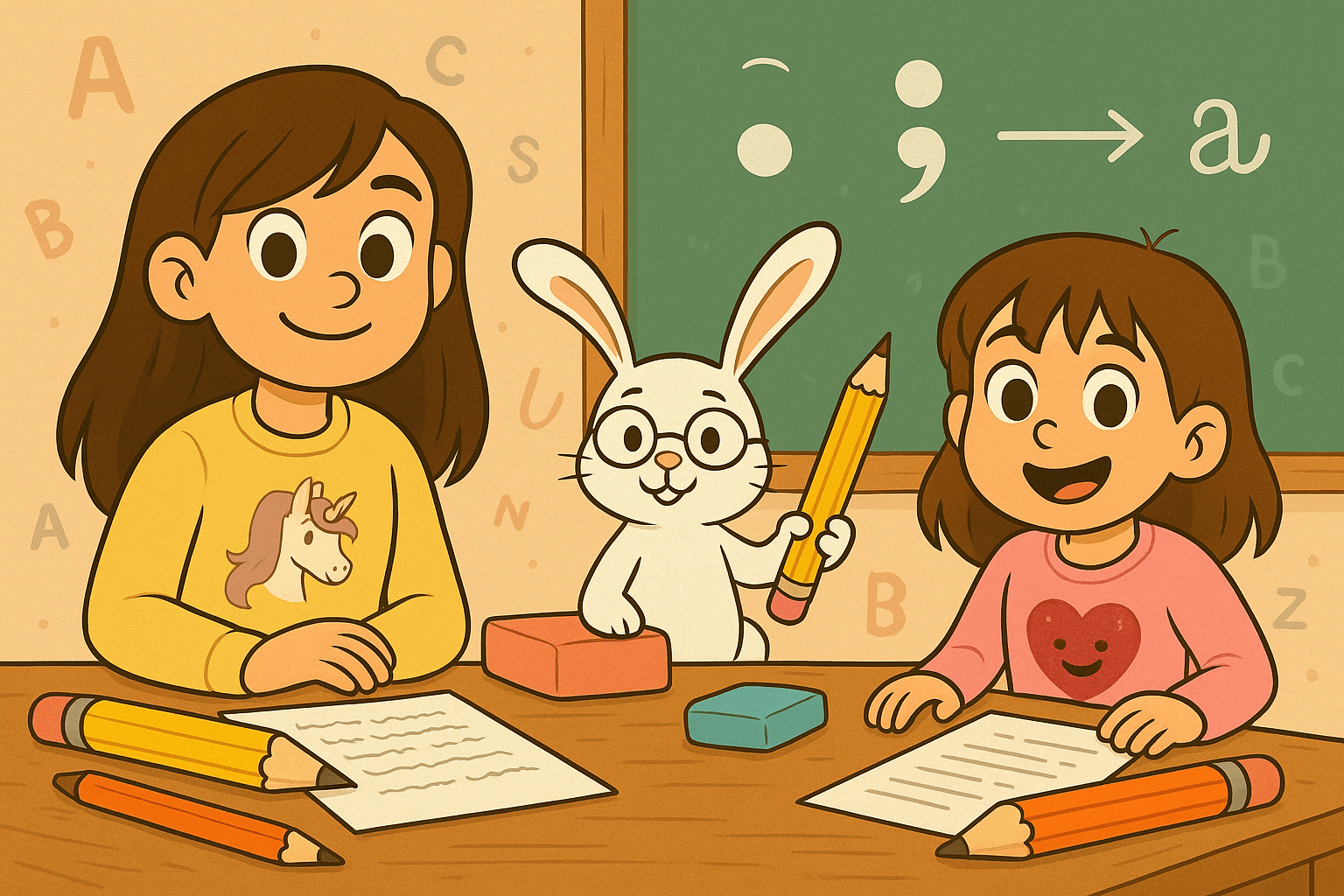 Ariel, Alice, and Fluffernutter fixing sentences in a cartoon grammar workshop
