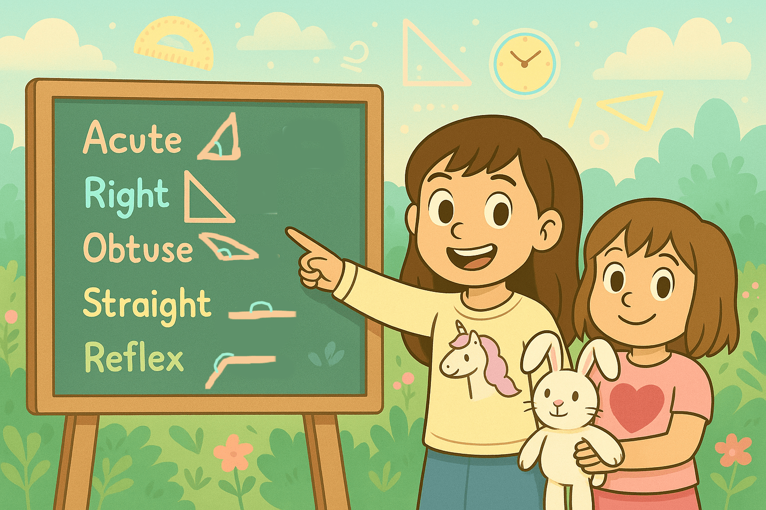 Ariel, Alice, and Fluffernutter learning about angles with chalkboard