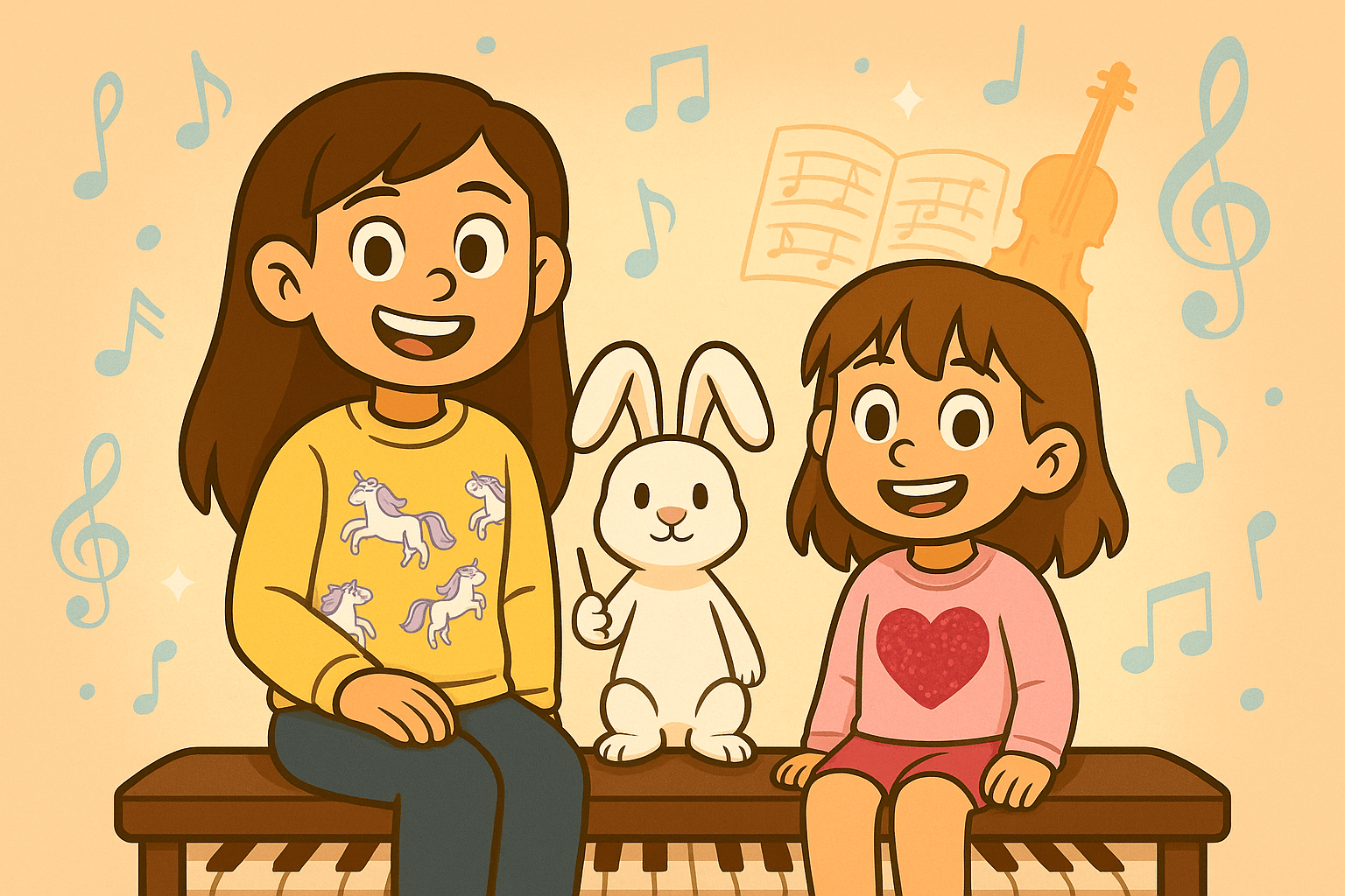 Ariel, Alice, and Fluffernutter learning about famous composers in a cartoon music scene