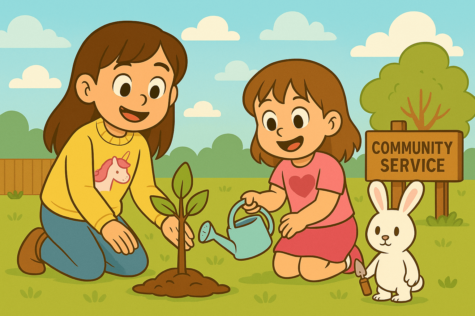 Ariel, Alice, and Mr. Fluffernutter planting trees in a community park cartoon banner