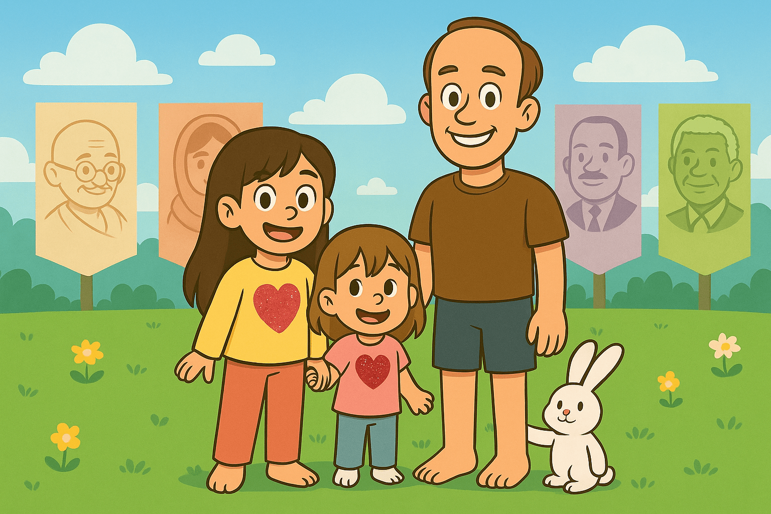 Ariel, Alice, and Mr. Fluffernutter with Daddy Ryan exploring leadership lessons in a cartoon park banner
