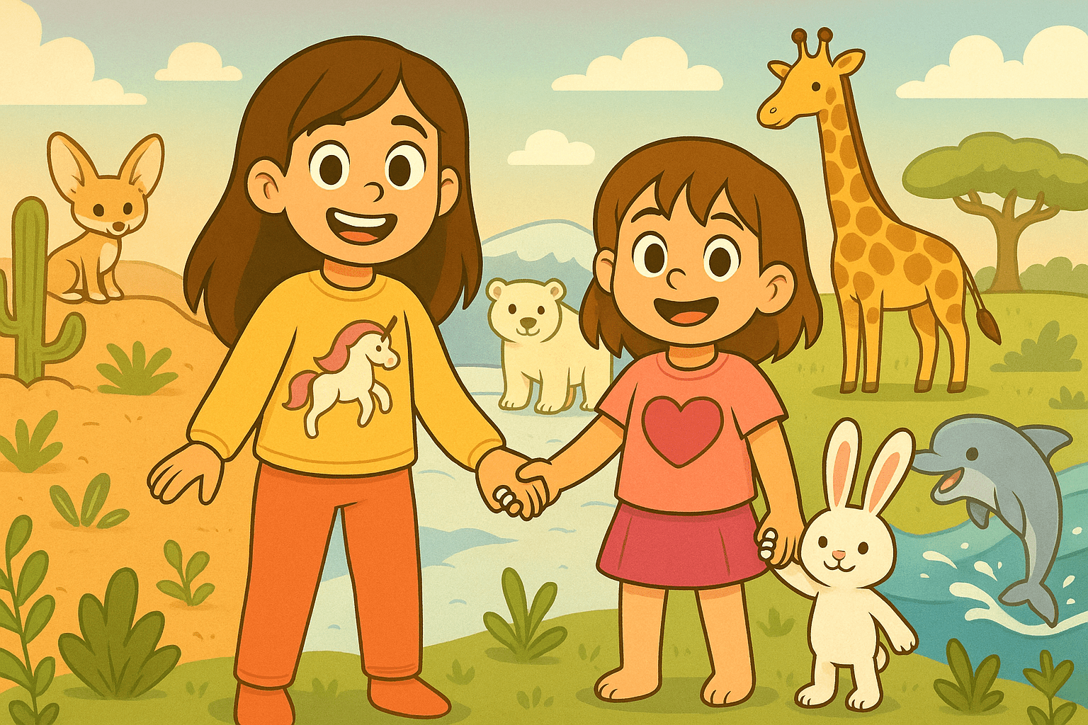 Ariel, Alice, and Mr. Fluffernutter exploring animal adaptations in cartoon style