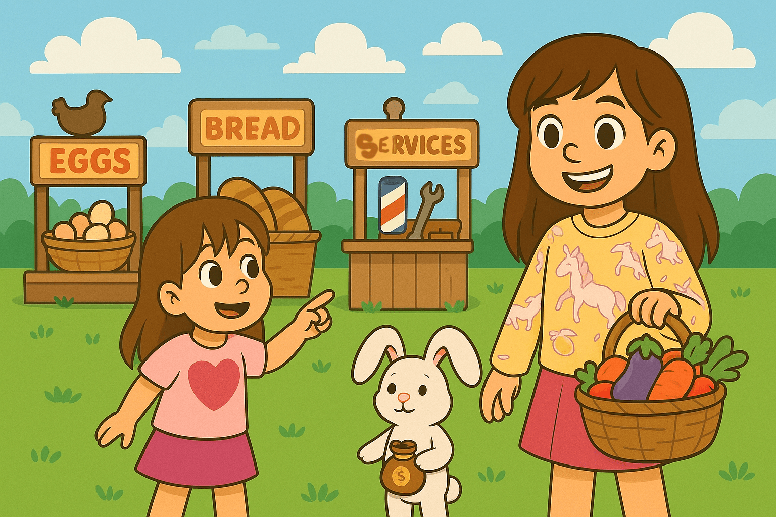 Ariel, Alice, and Mr. Fluffernutter exploring a market of goods and services