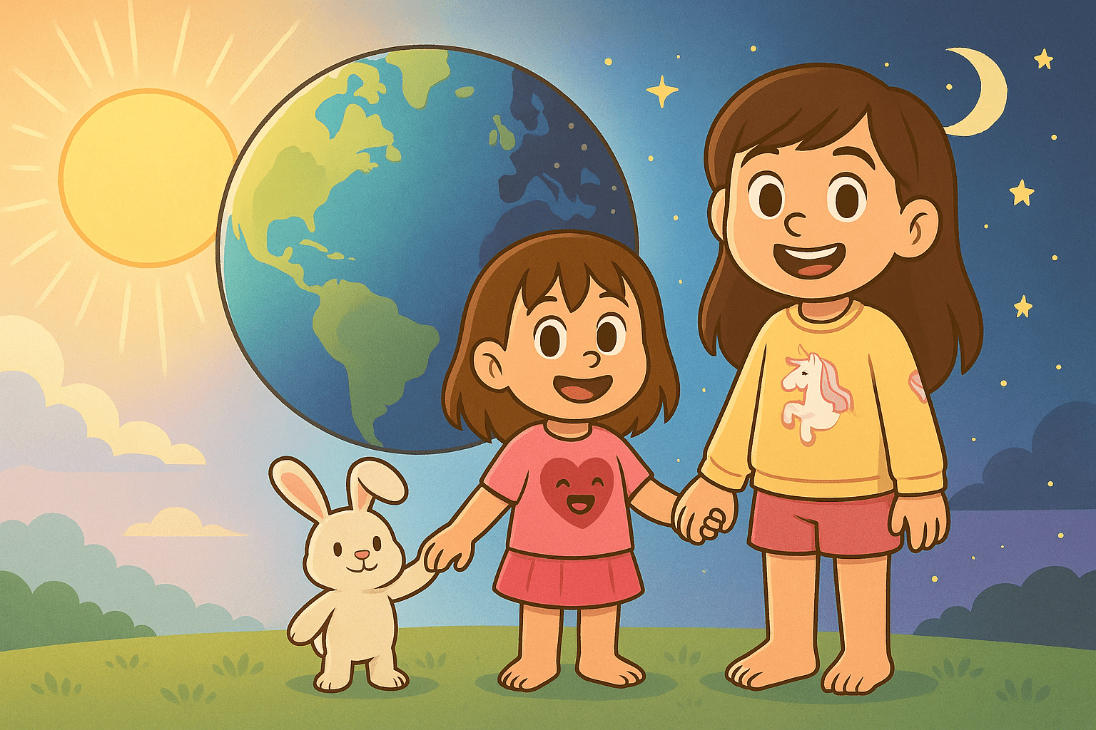 Ariel, Alice, and Mr. Fluffernutter watching Earth spin with day and night