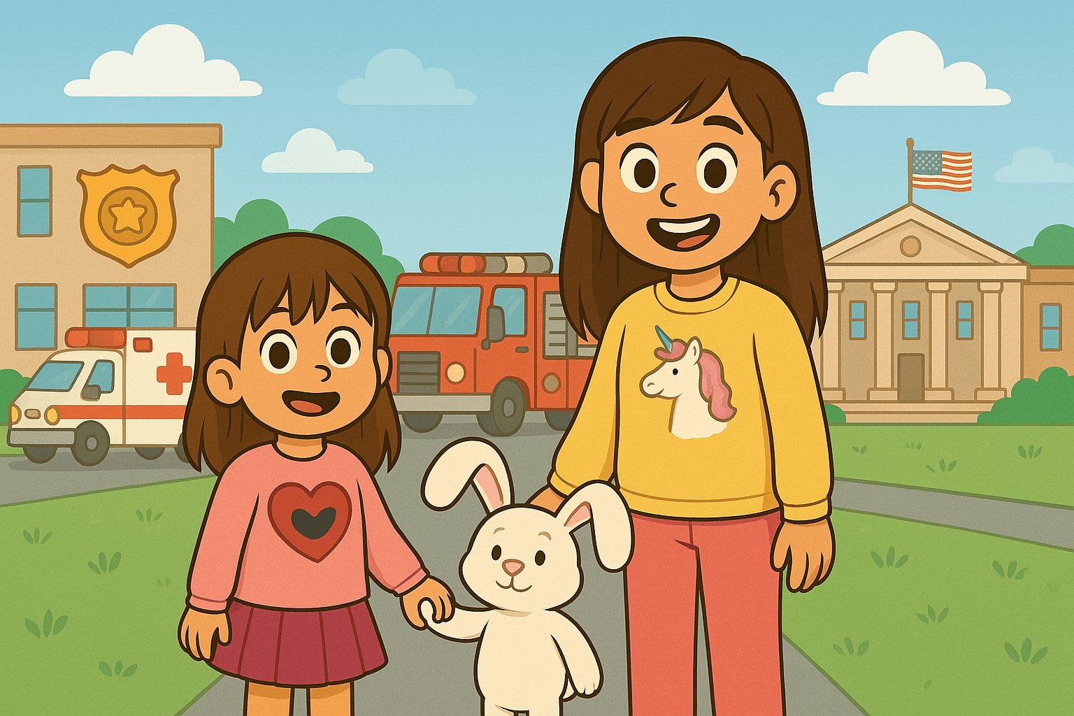 Ariel, Alice, and Mr. Fluffernutter learning about law enforcement, firefighters, and public service workers in a pastel cartoon town square