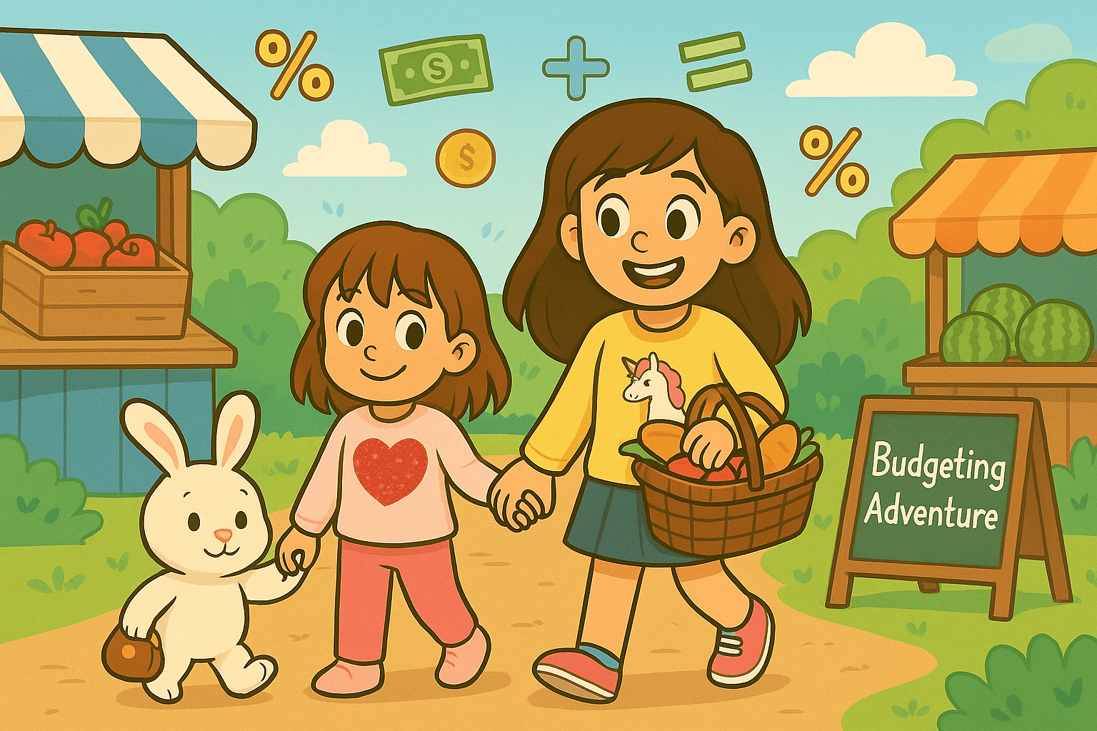 Ariel, Alice, and Fluffernutter shopping together while learning math with price tags and coins.