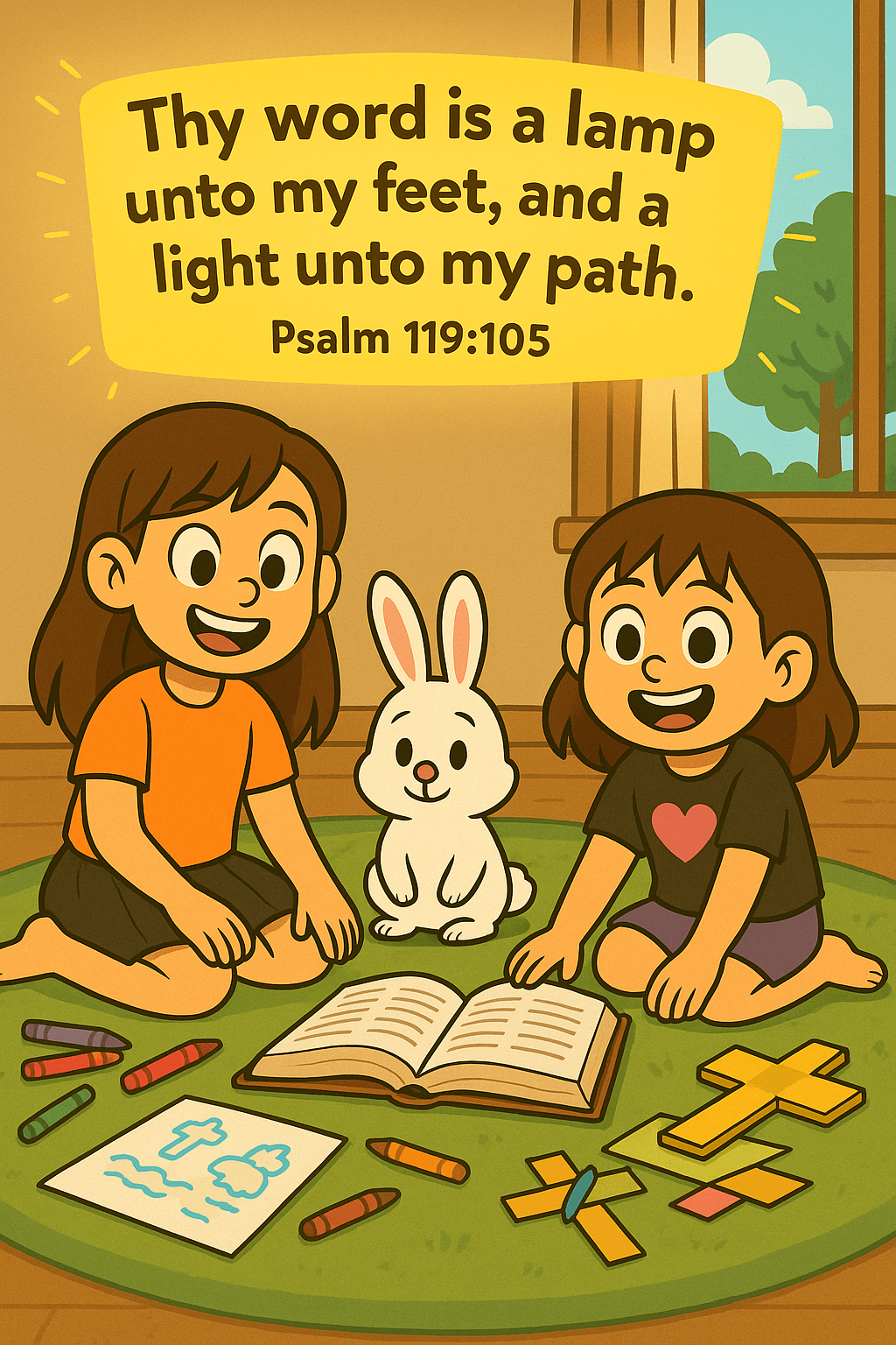 Ariel, Alice, and Fluffernutter sitting barefoot on a rug with an open Bible, crayons, and crafts, under a glowing Psalm 119:105 banner.