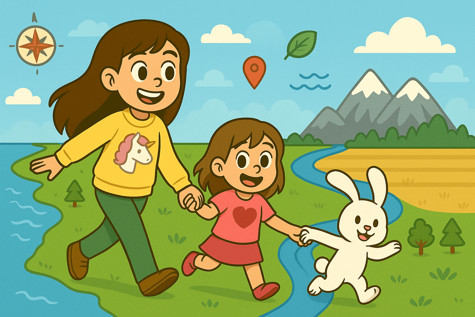 Ariel, Alice, and Mr. Fluffernutter exploring U.S. geography with rivers, mountains, and plains in a colorful storybook banner.