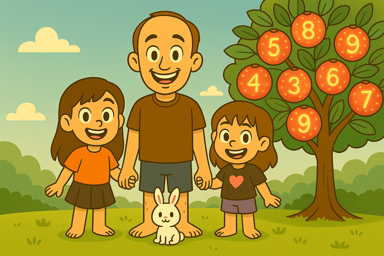 Dad with two daughters and their white bunny standing by a glowing number-berry tree with fruits labeled 1–9.