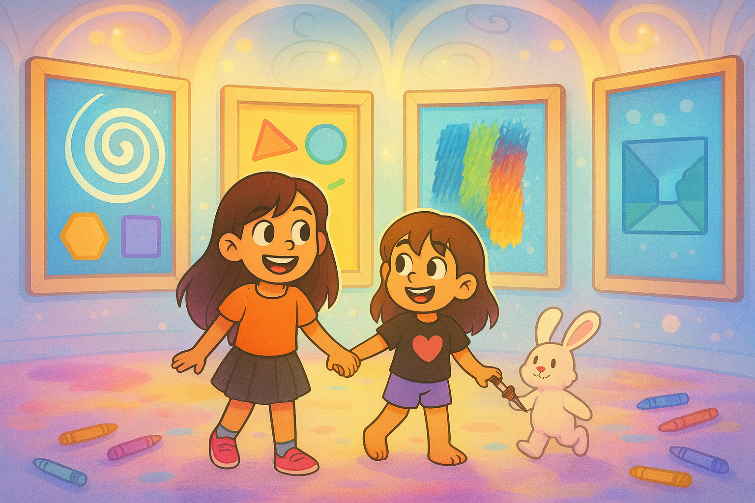 Ariel, Alice, and Mr. Fluffernutter exploring the basic elements of art in a pastel cartoon gallery banner