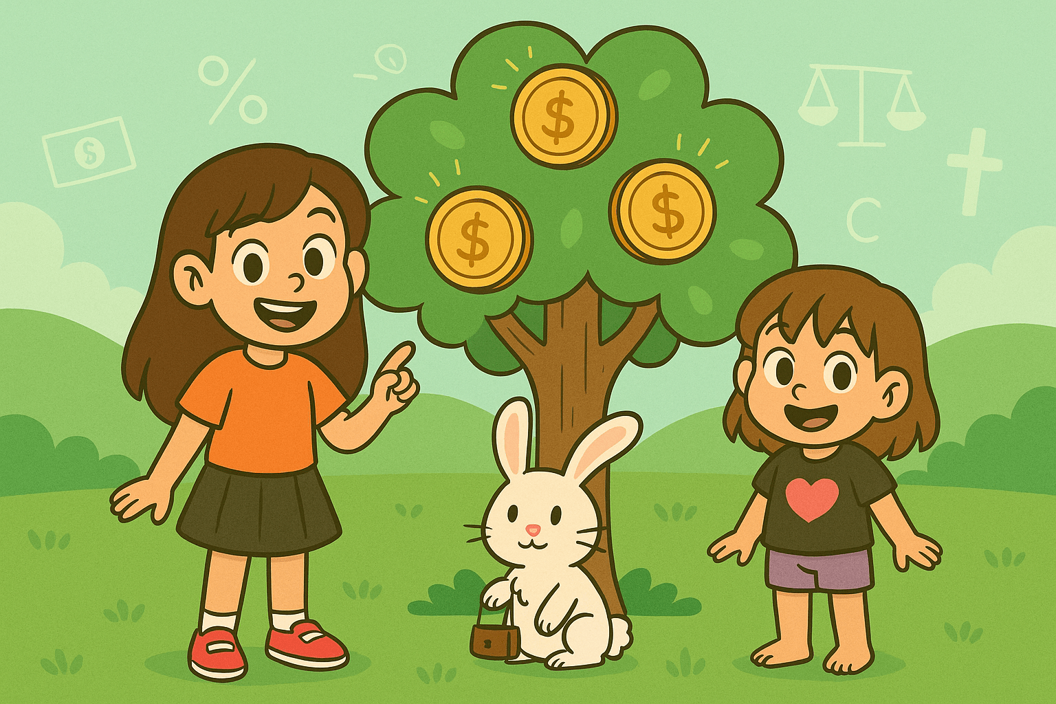 Ariel, Alice, and Mr. Fluffernutter exploring a magical money tree with glowing coins.