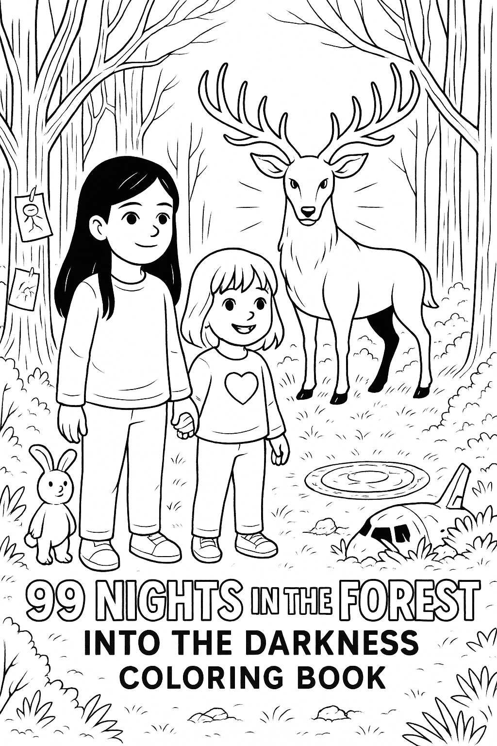 Black-and-white coloring page cover showing Ariel, Alice, and Mr. Fluffernutter at the edge of a forest with a glowing Deer, crashed plane, and runic circle beneath the title “99 Nights in the Forest: Into the Darkness Coloring Book.”