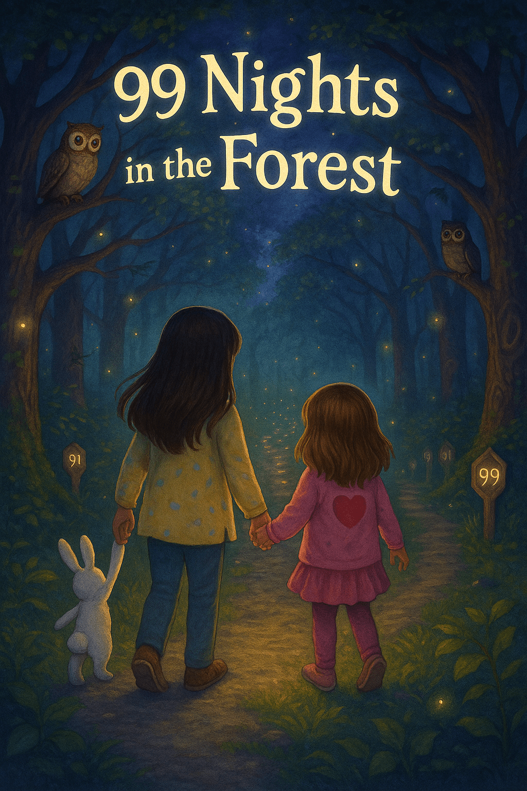 Ariel, Alice, and Fluffernutter walk hand-in-hand into a glowing enchanted forest at night with 99 signposts lighting the path.