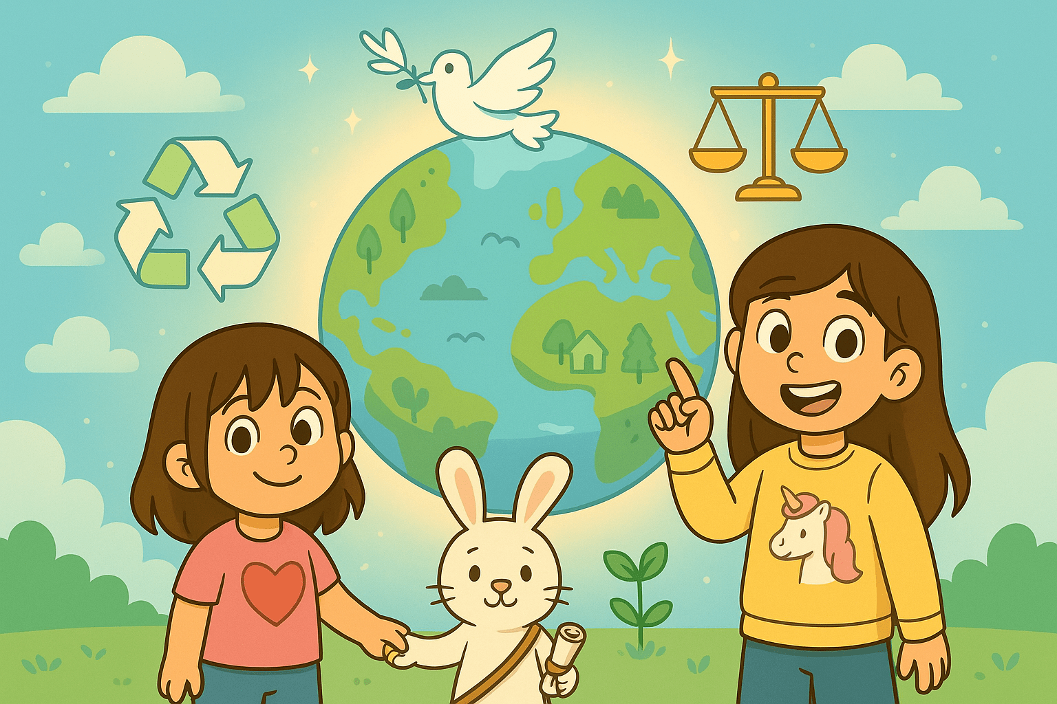 Ariel, Alice, and Fluffernutter exploring global issues in a pastel cartoon banner
