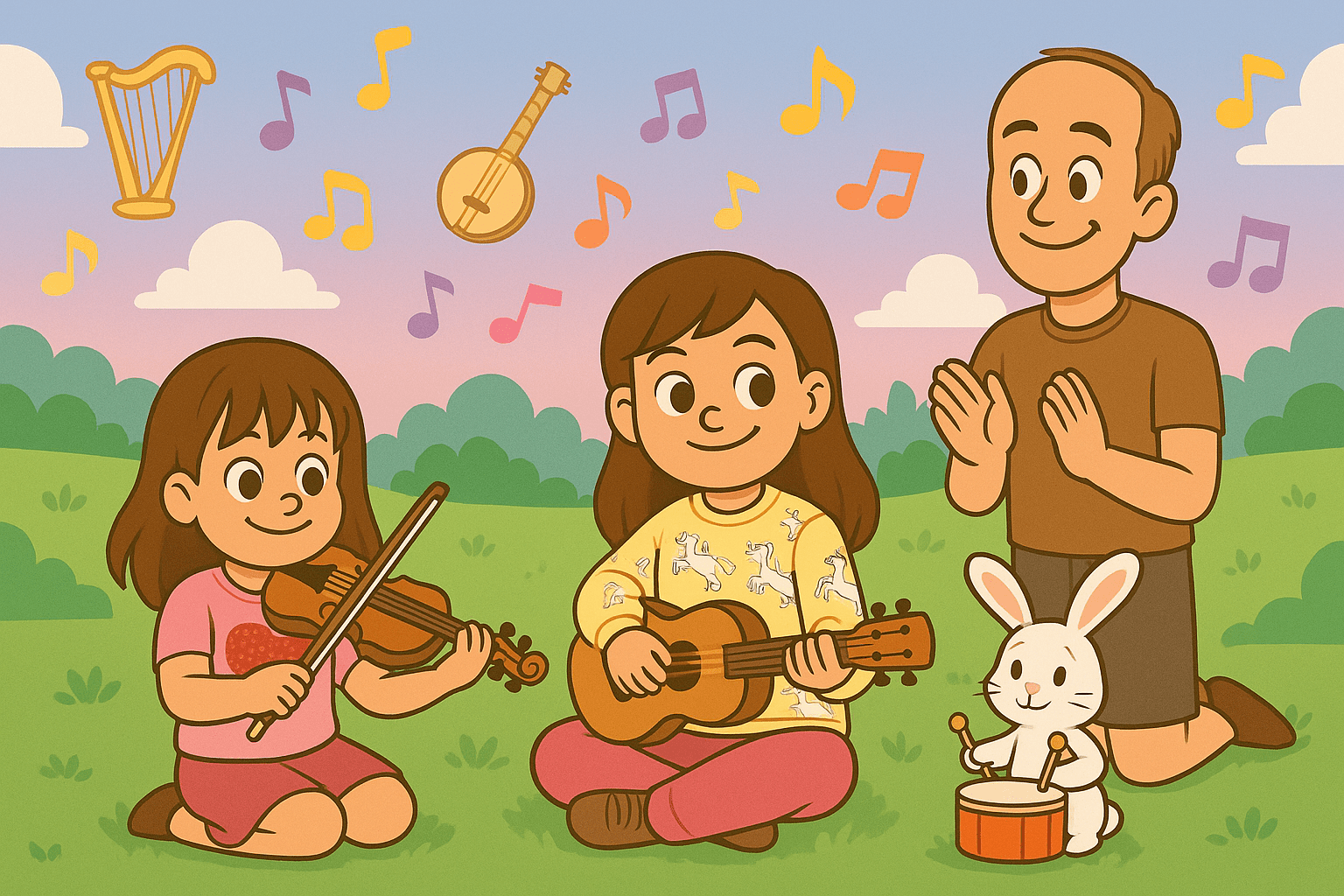 Ariel, Alice, and Fluffernutter exploring musical instruments together in a cartoon banner