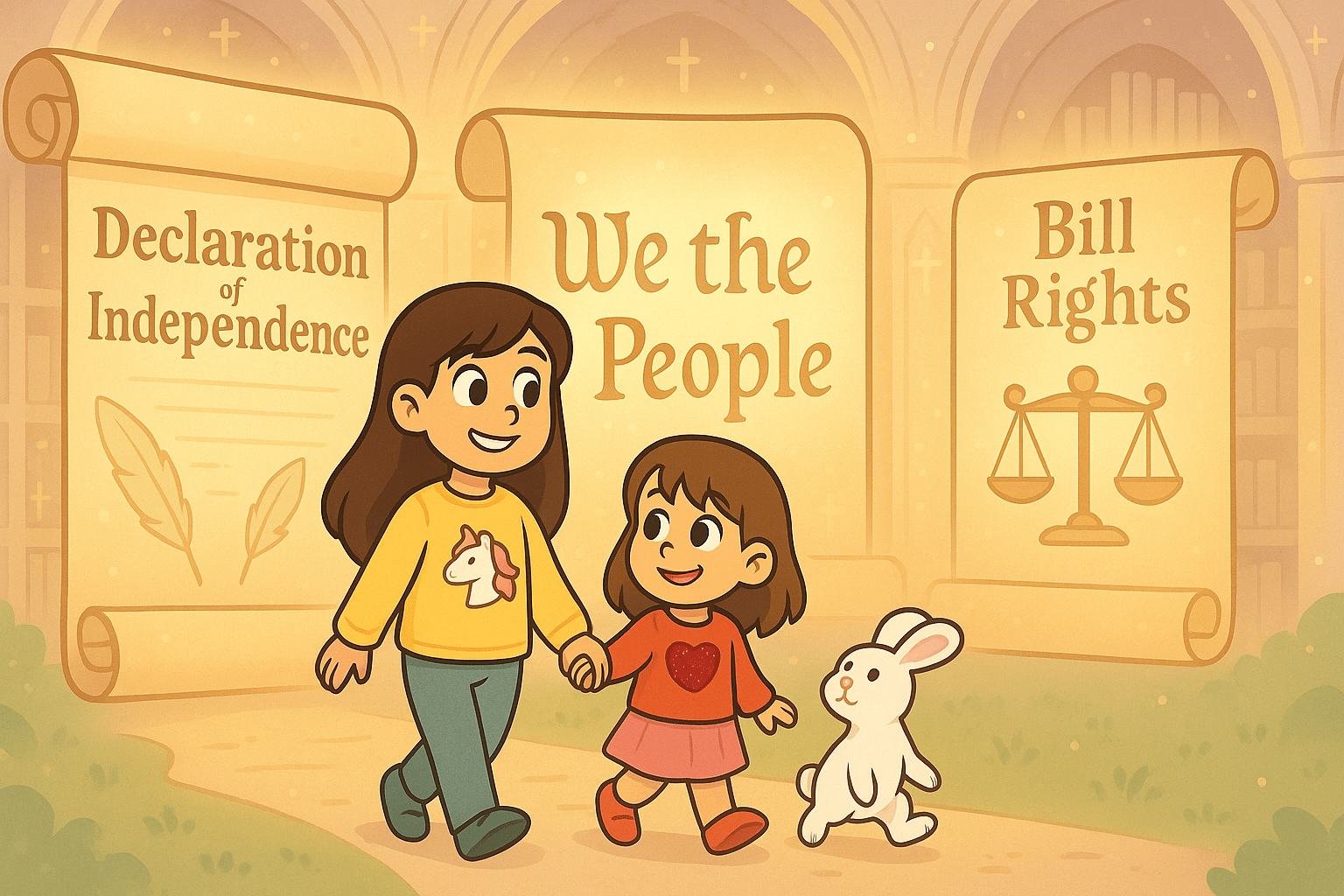 Ariel, Alice, and Mr. Fluffernutter exploring giant glowing books of U.S. historical documents in a cartoon library