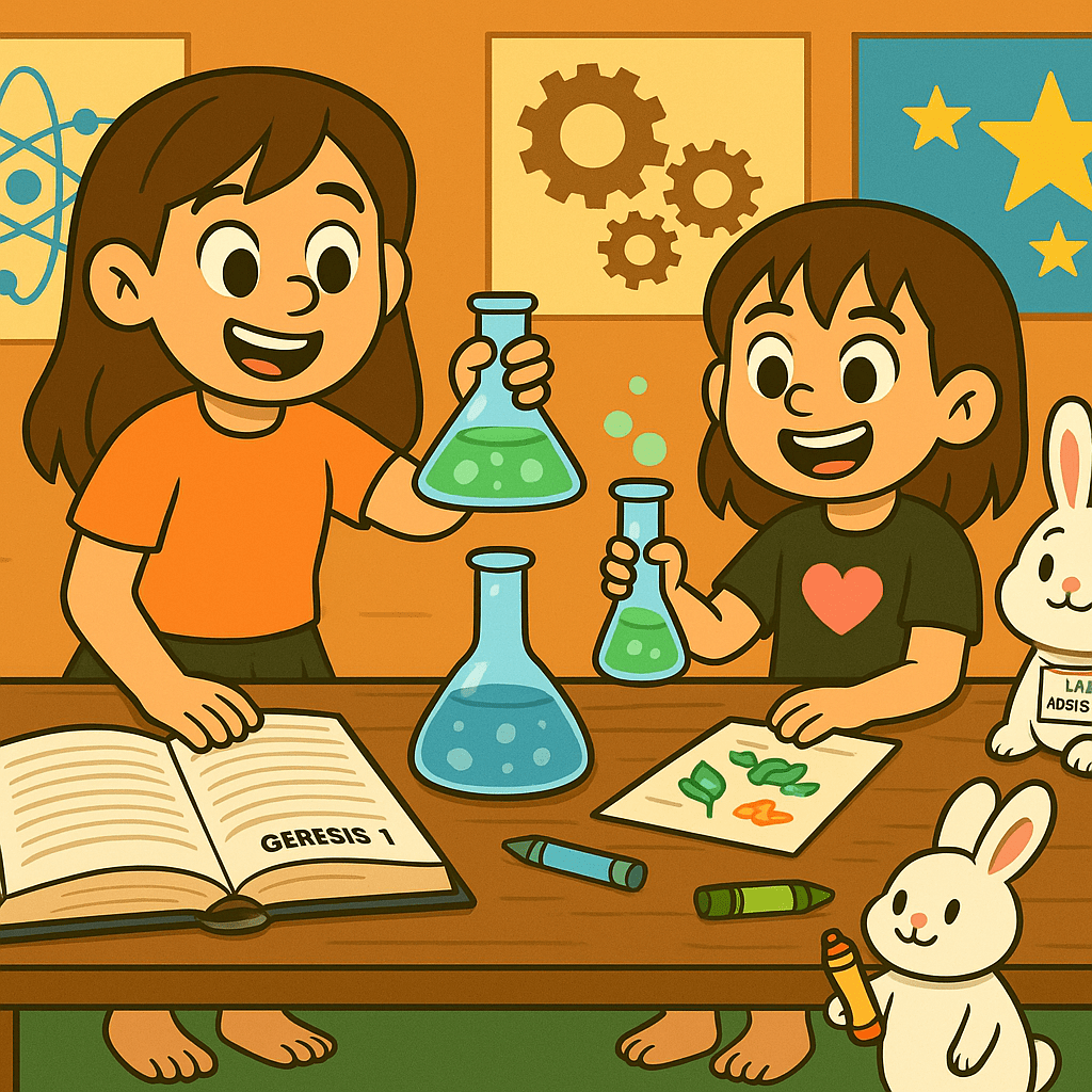 Ariel, Alice, and Fluffernutter at a homeschool science bench with fizzing beakers, an open Bible to Genesis 1, and STEM posters in the background.