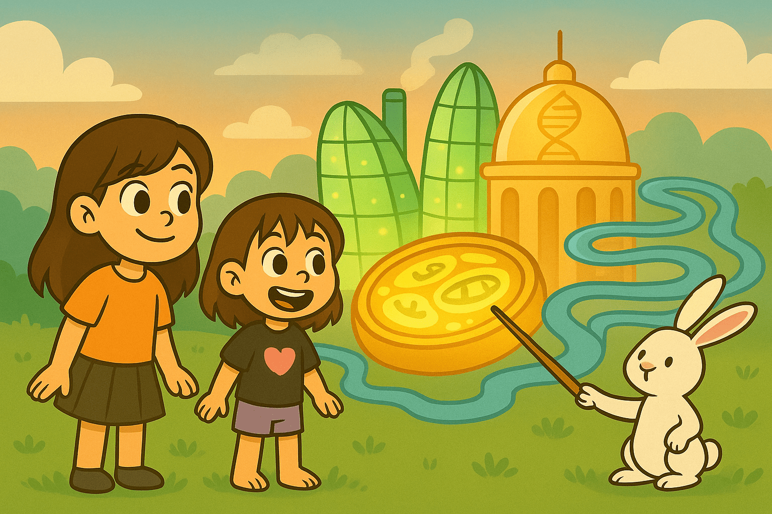 Ariel, Alice, and Mr. Fluffernutter exploring a colorful cartoon cell city with organelles as buildings