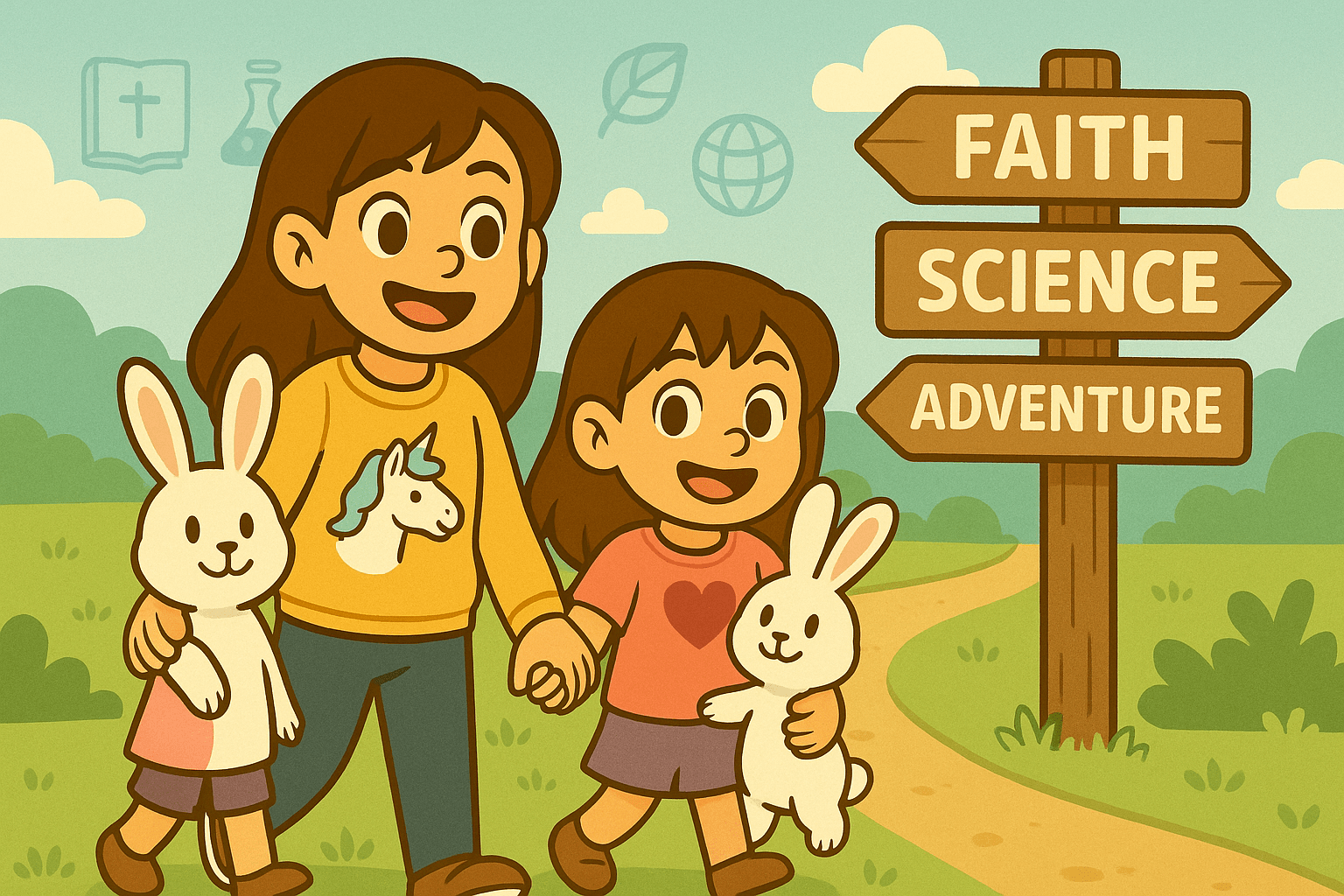 Ariel, Alice, and Fluffernutter walking together on a grassy trail beside a wooden sign that reads Faith, Science, Adventure in a playful cartoon homeschool illustration