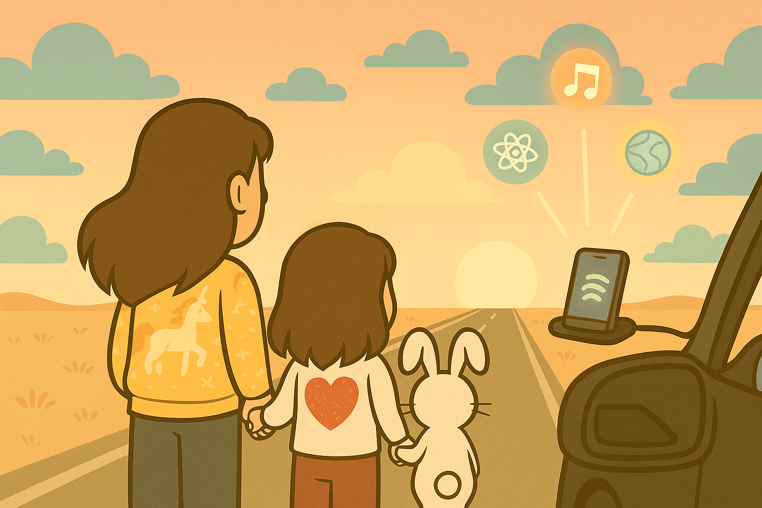 Back-view banner of Ariel, Alice, and Mr. Fluffernutter listening to homeschool podcasts hands-free during a family drive