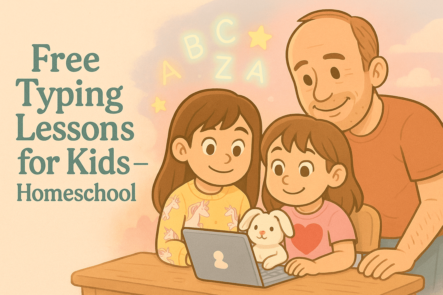 Ariel, Alice, and Fluffernutter practicing free homeschool typing on a banner