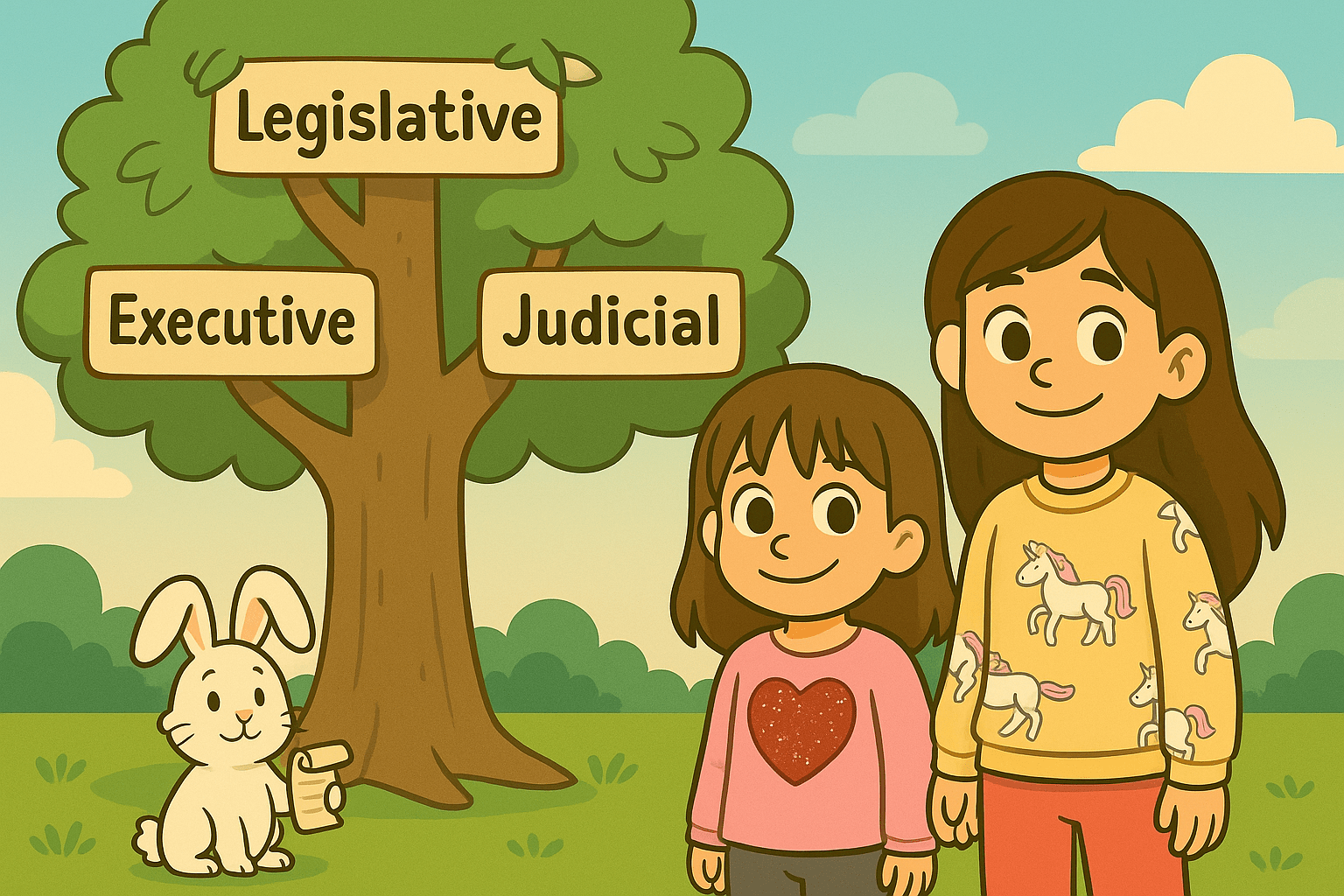 Ariel, Alice, and Fluffernutter standing by a tree labeled Legislative, Executive, and Judicial in a kid-friendly government lesson illustration