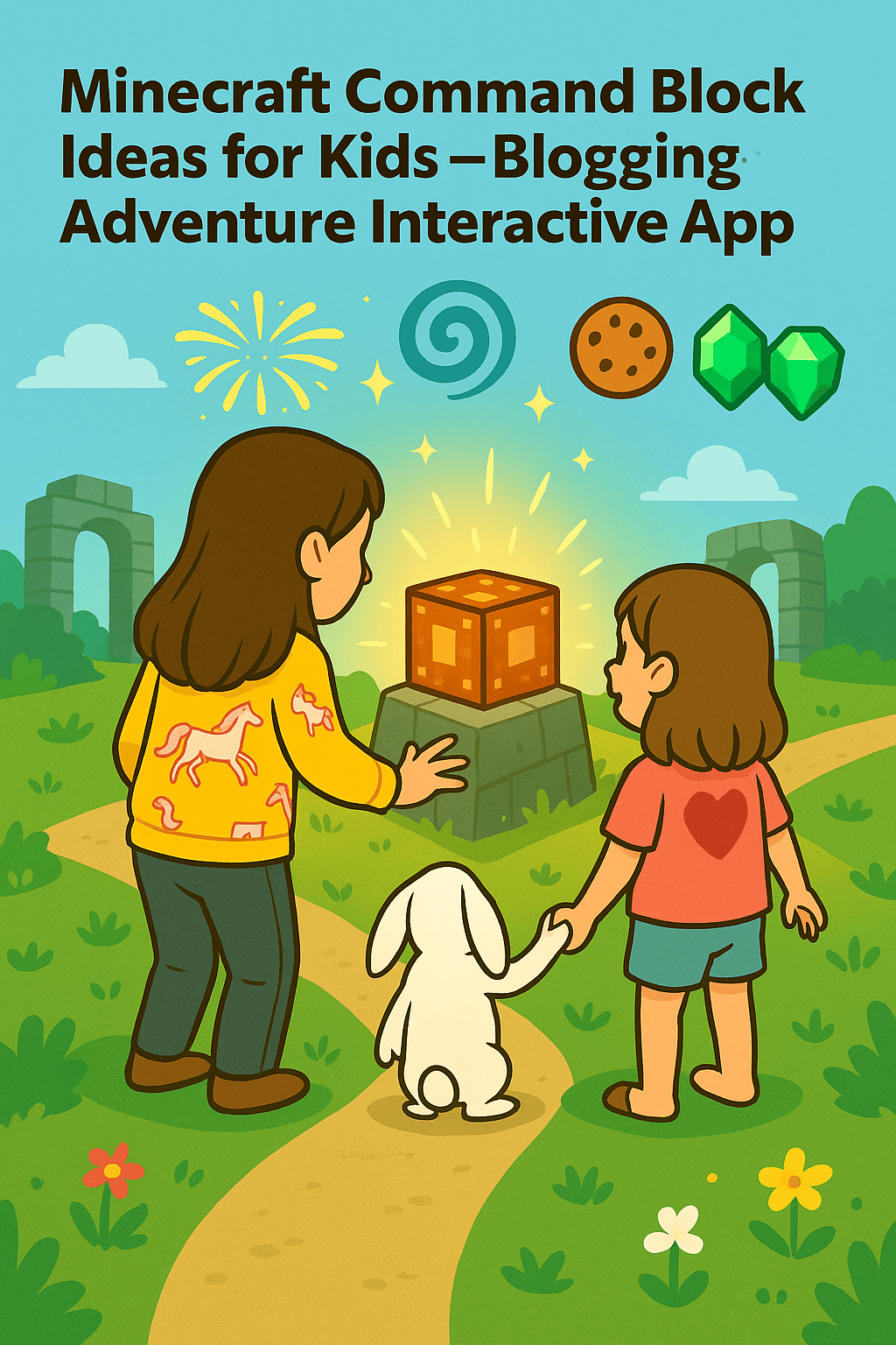 storybook-style illustration of two girls and a white bunny discovering a glowing minecraft command block on a stone pedestal, with fireworks, swirl, cookie, and emerald icons floating above in a colorful garden world