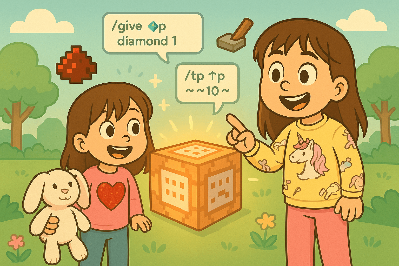 Ariel, Alice, and Fluffernutter exploring a giant Minecraft command block in a pastel cartoon style