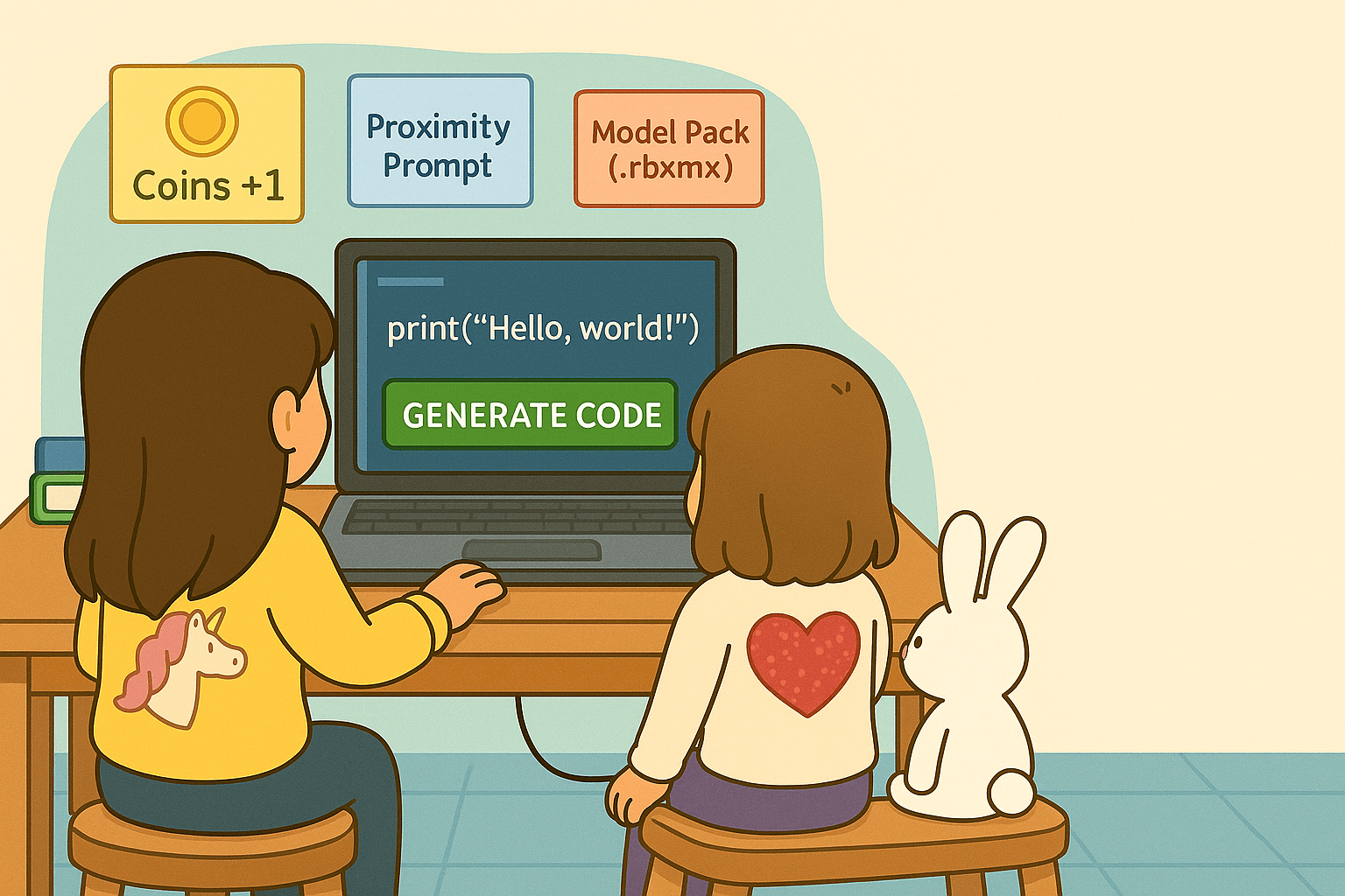 featured banner showing two sisters and a white bunny starting a simple Roblox script on a laptop
