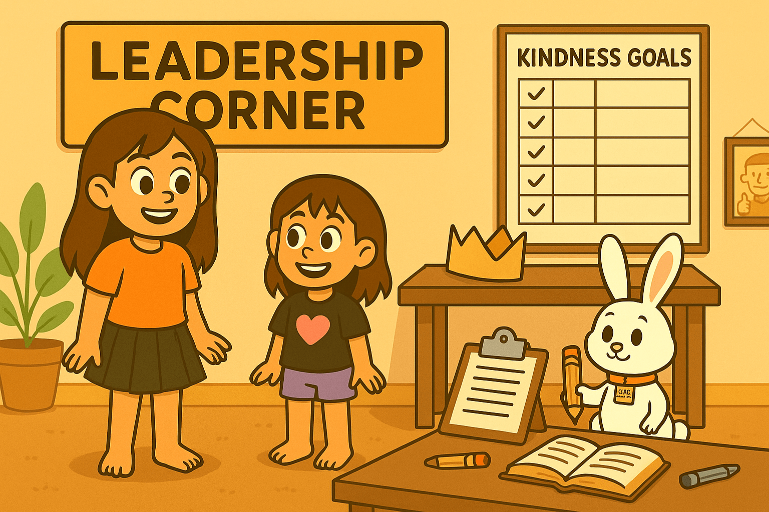 Ariel, Alice, and Fluffernutter in a homeschool Leadership Corner with a Kindness Goals chart, clipboard, and paper crown.