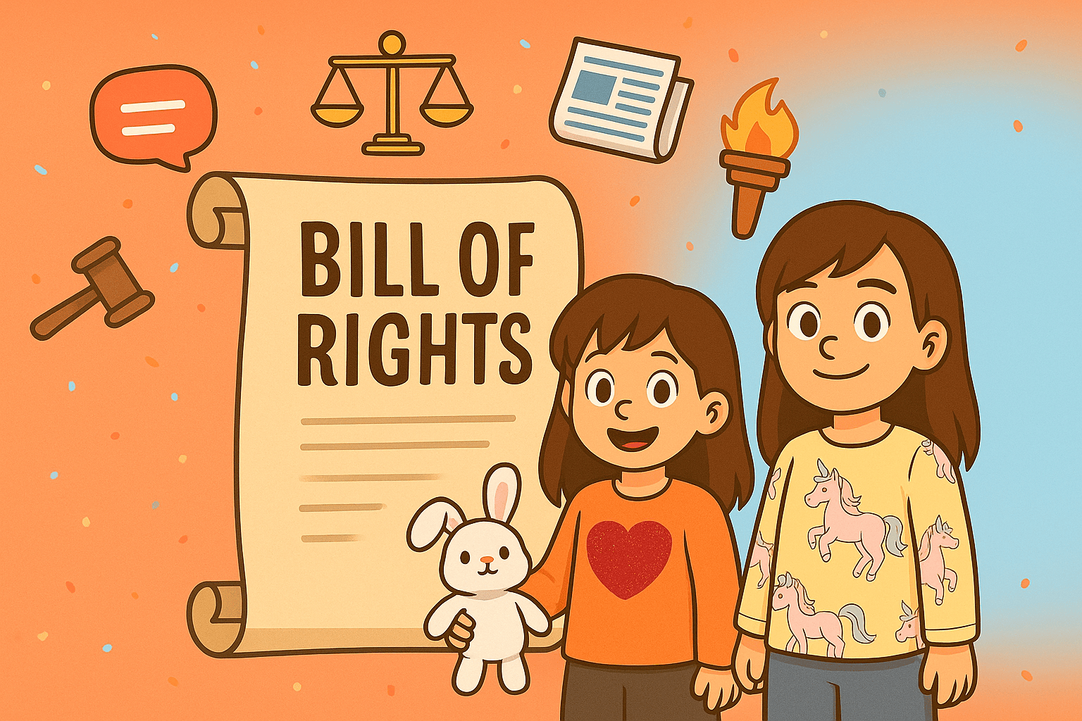 Illustrated learning artwork for the Bill of Rights explained for kids