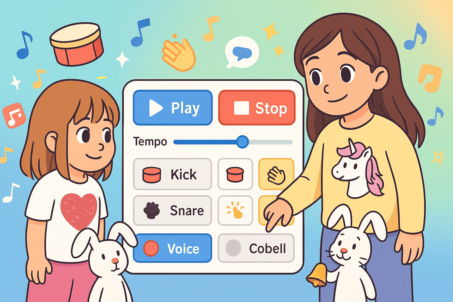 Ariel, Alice, and their bunny Fluffernutter standing in front of a colorful ringtone app interface with big Play and Stop buttons, surrounded by floating music notes and cartoon sound symbols.