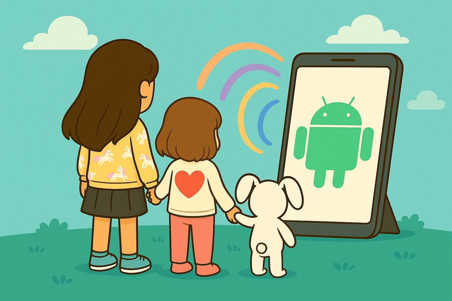 Ariel, Alice, and Fluffernutter look at a big cartoon Android phone with sound waves.