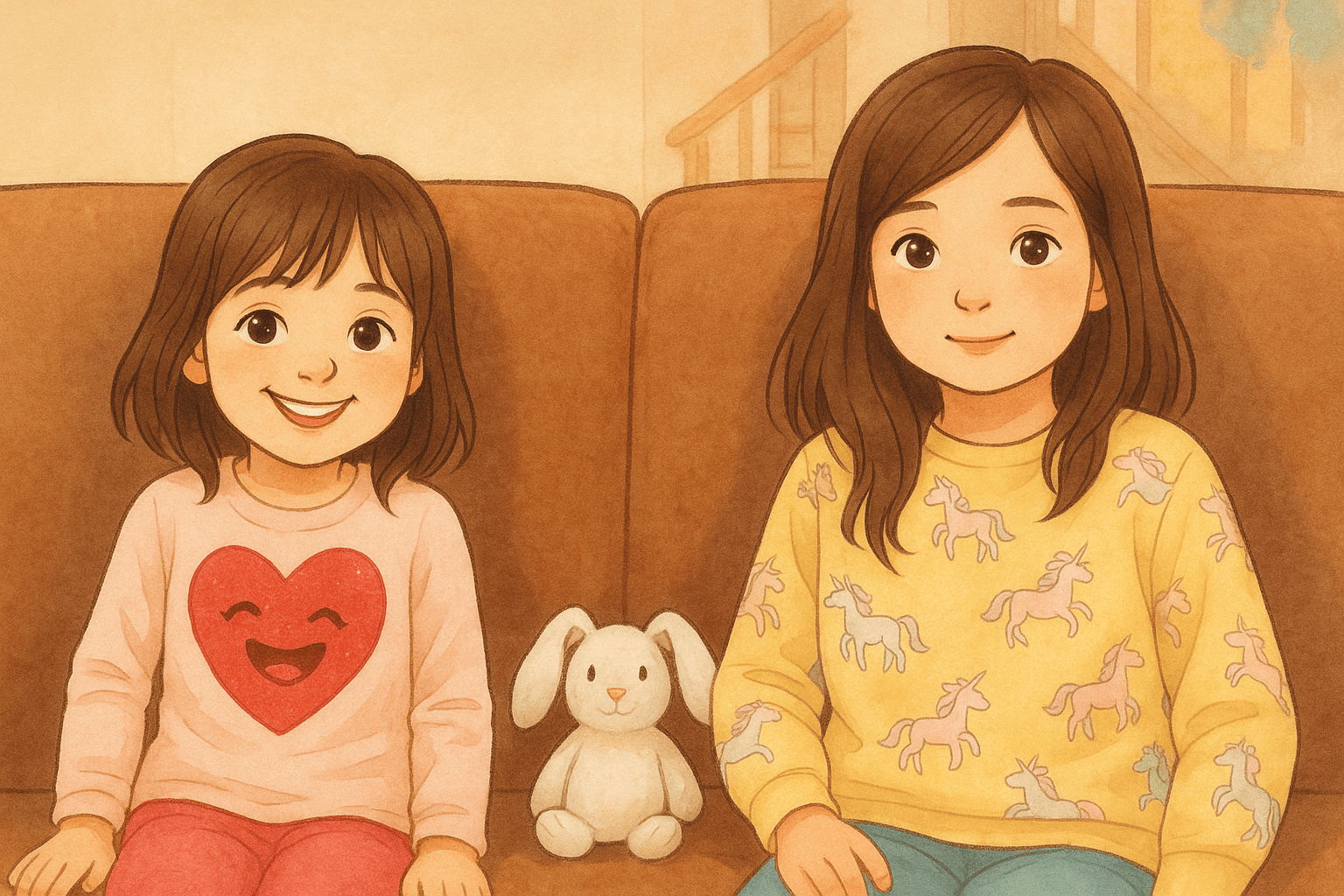Two joyful kids sitting on a brown sofa with a small white bunny plush between them—left in a pink shirt with a glittery red heart, right in a butter-yellow unicorn sweatshirt; warm indoor scene, storybook style.