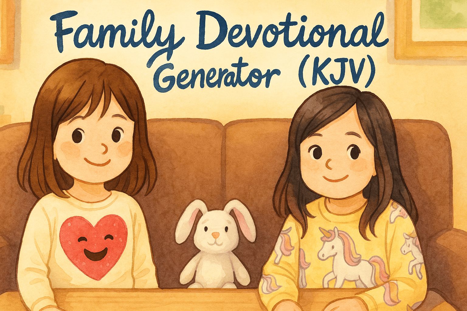 Cartoon sisters on a couch with a plush bunny—heart and unicorn shirts—title reads “Family Devotional Generator (KJV)”.